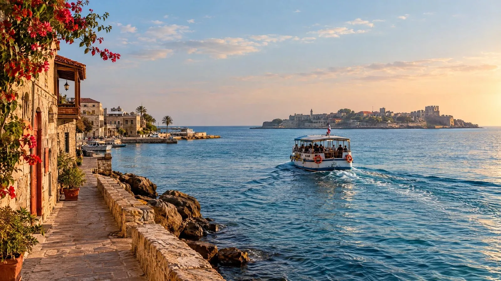 A boat crosses the water from Tartus toward Arwad Island beside the old seafront