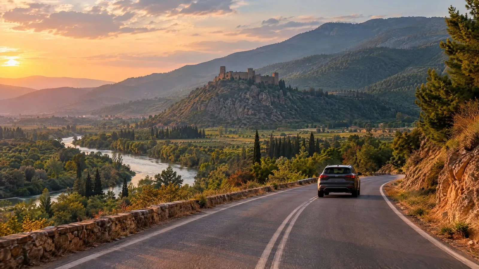 A mountain road winds through the Orontes Valley toward Masyaf Castle.