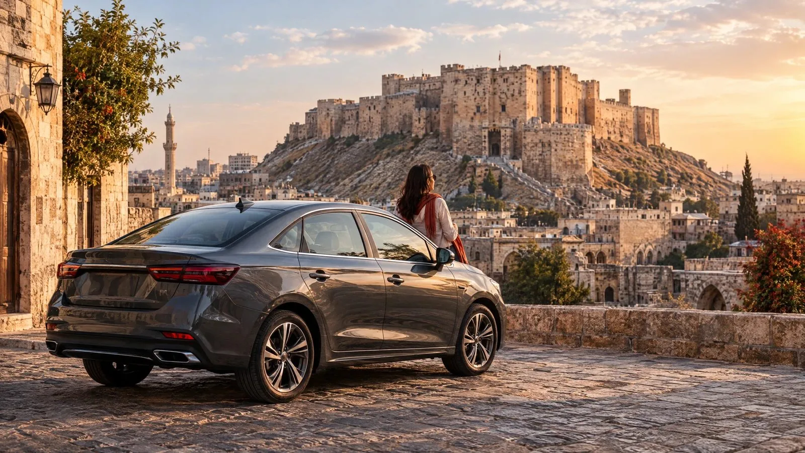 A rental car is parked near Aleppo Citadel and the old city.