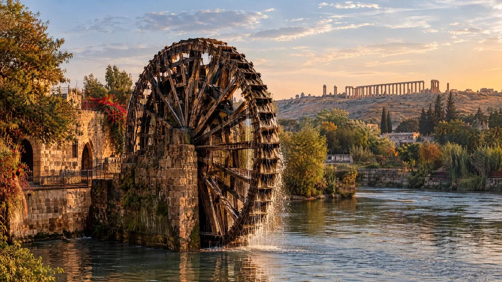 A wooden waterwheel stands beside the Orontes, with ancient columns in the distance.