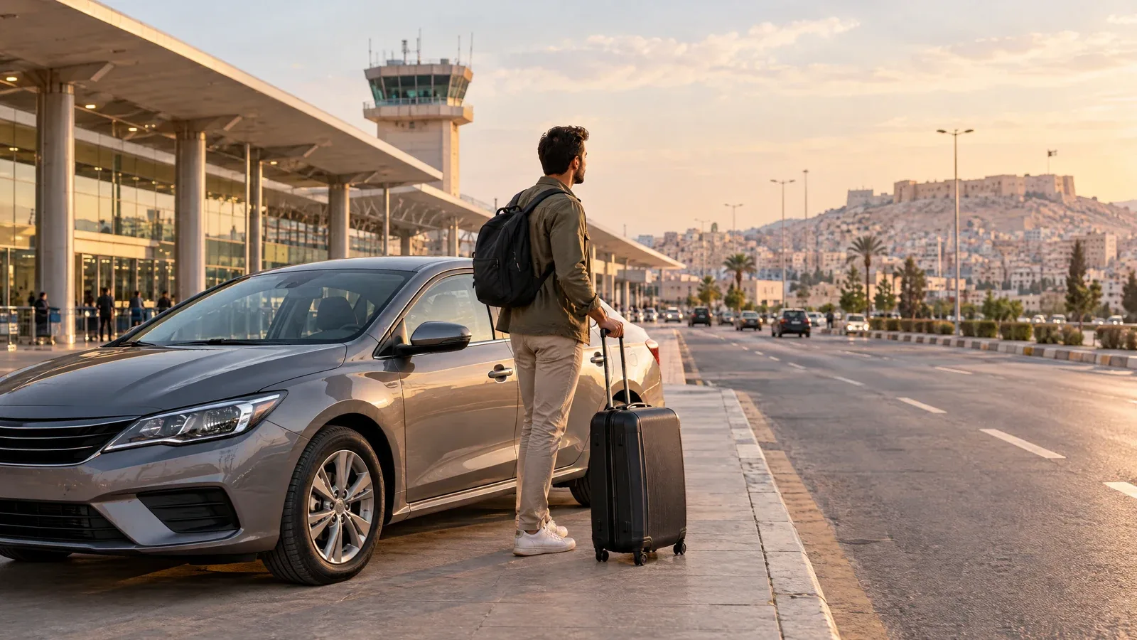 A traveler with luggage stands beside a rental car outside an airport terminal.