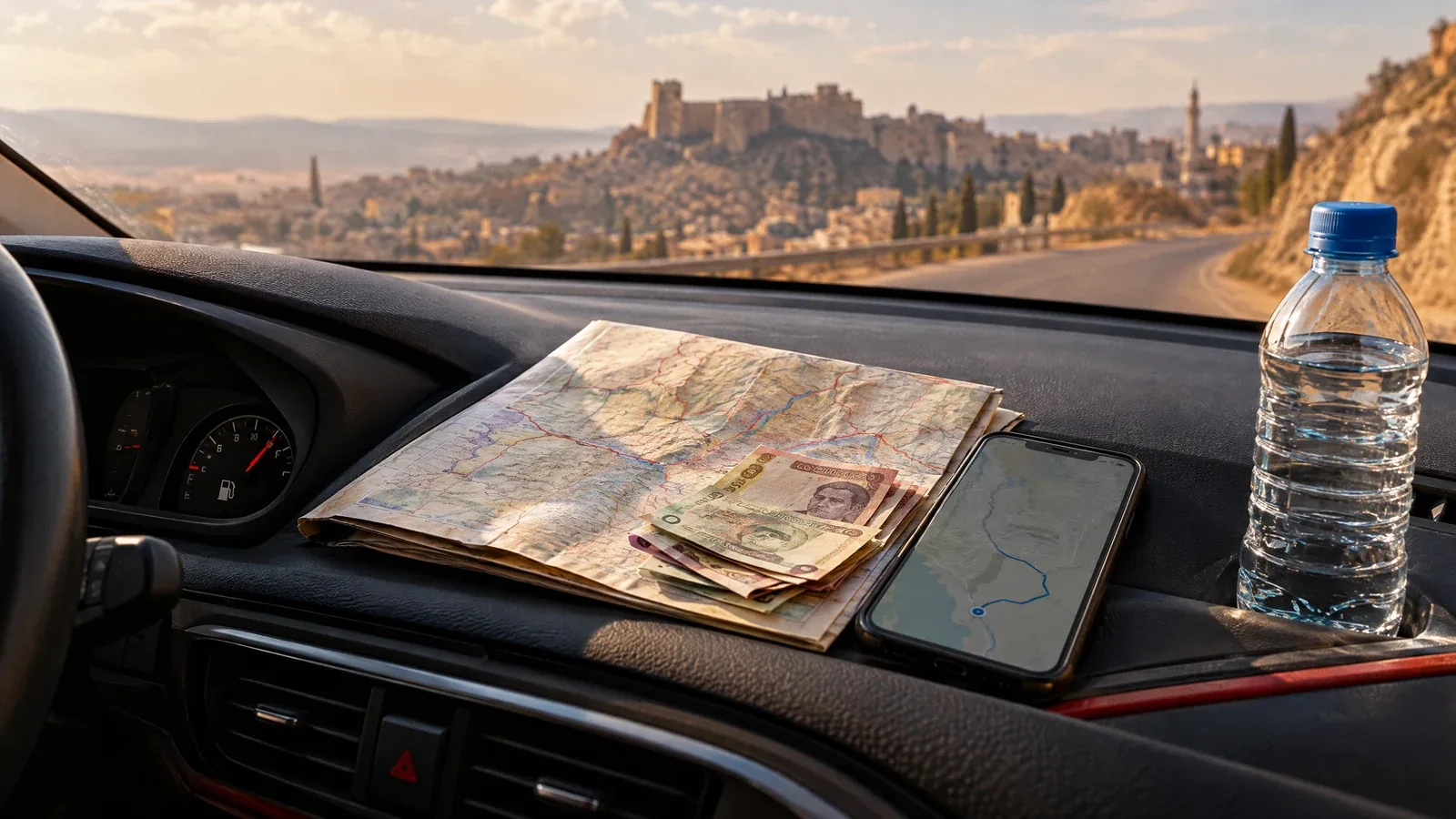 A map, cash, water and other road-trip essentials rest inside a car.