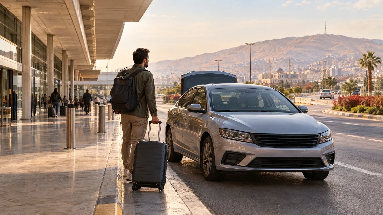 A traveler with luggage stands beside a rental car outside an airport terminal.