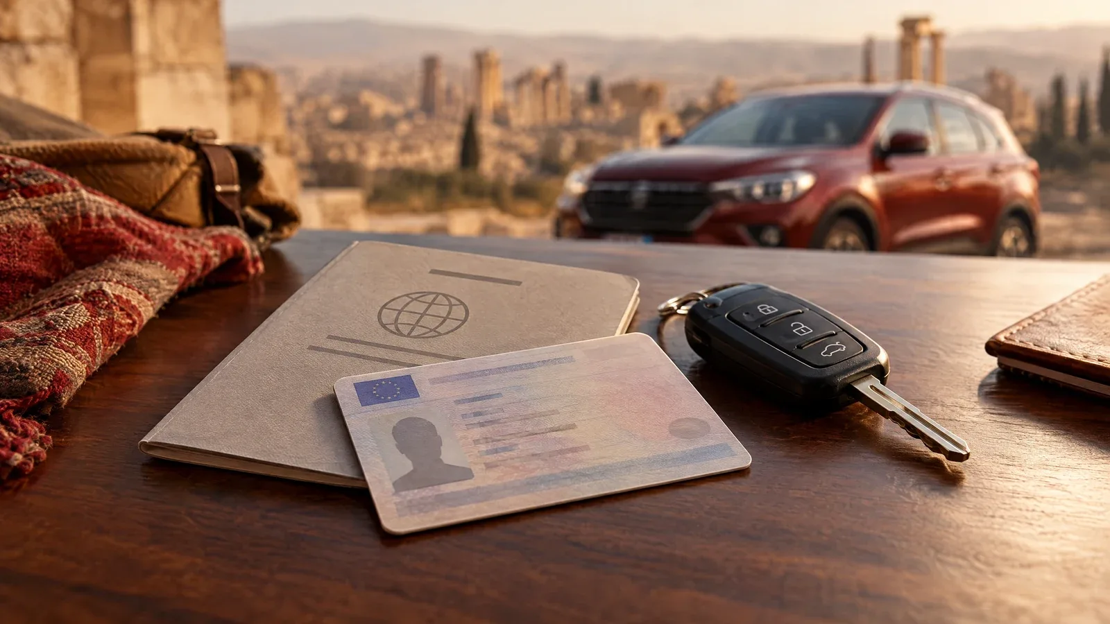 Driving documents and a car key lie on a desk before a rental journey.