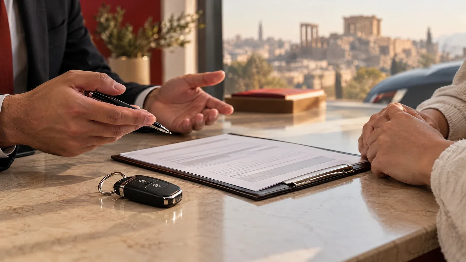 Two people discuss rental deposit paperwork beside a car key at a counter.
