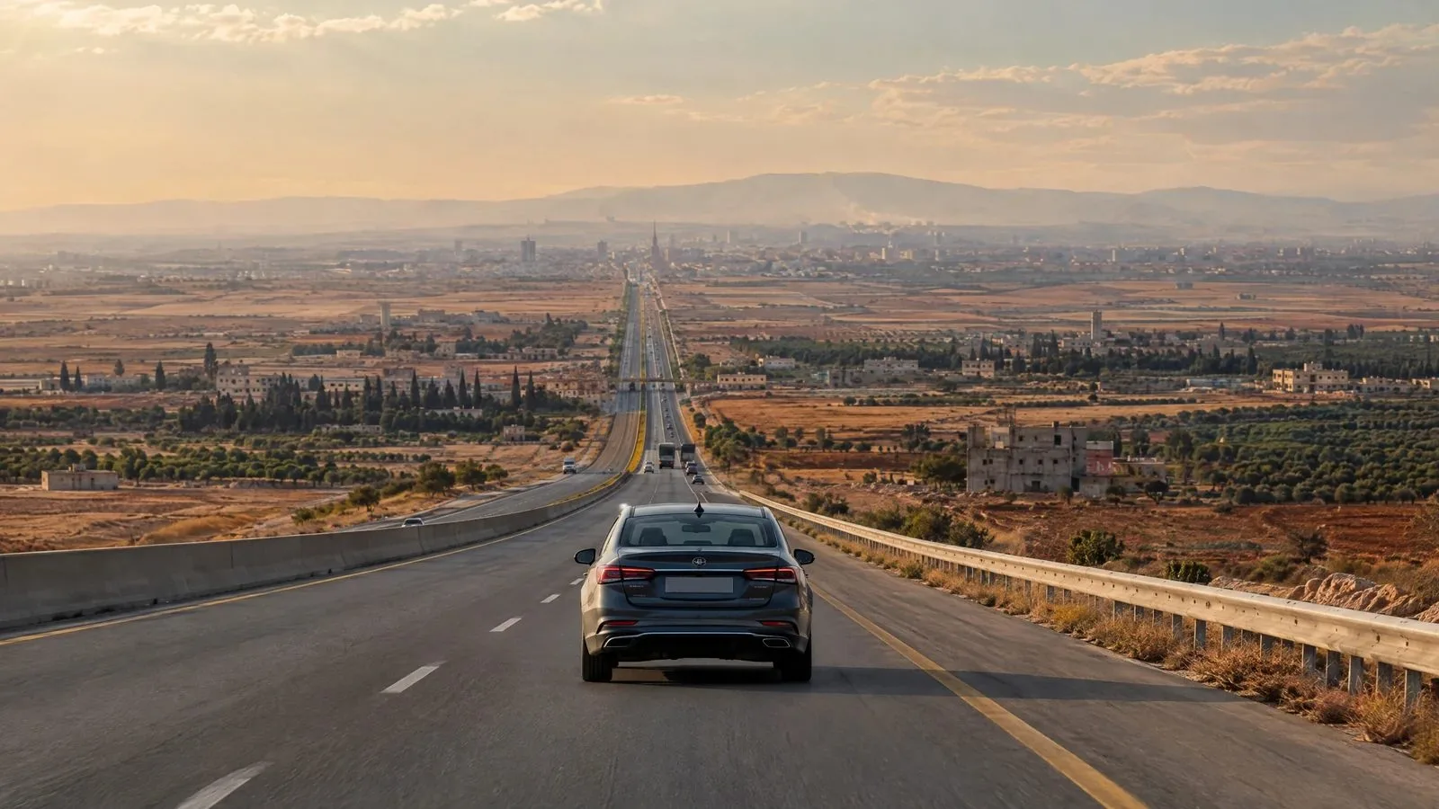 A car travels along a broad highway through the Syrian plains