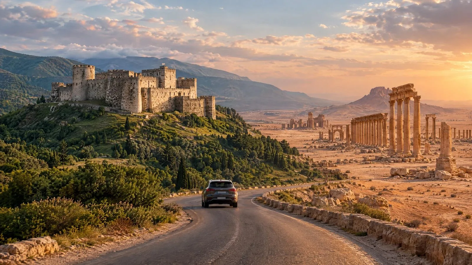 An illustrated road-trip scene brings together a hilltop castle and Palmyra’s ancient columns.