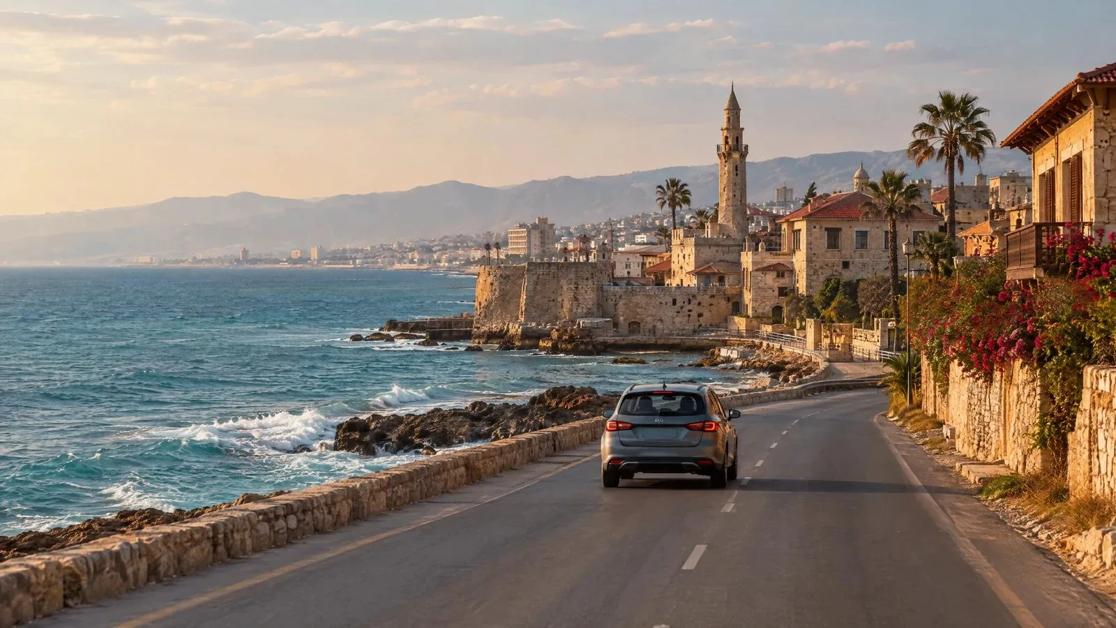 A car follows a coastal road beside the Mediterranean Sea.
