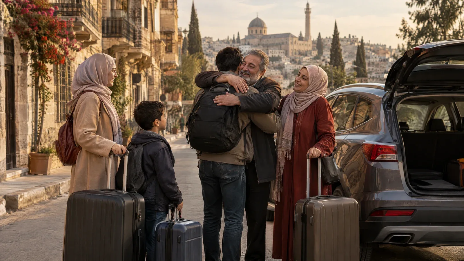 A Syrian family reunites beside a car and their luggage after arriving from abroad.
