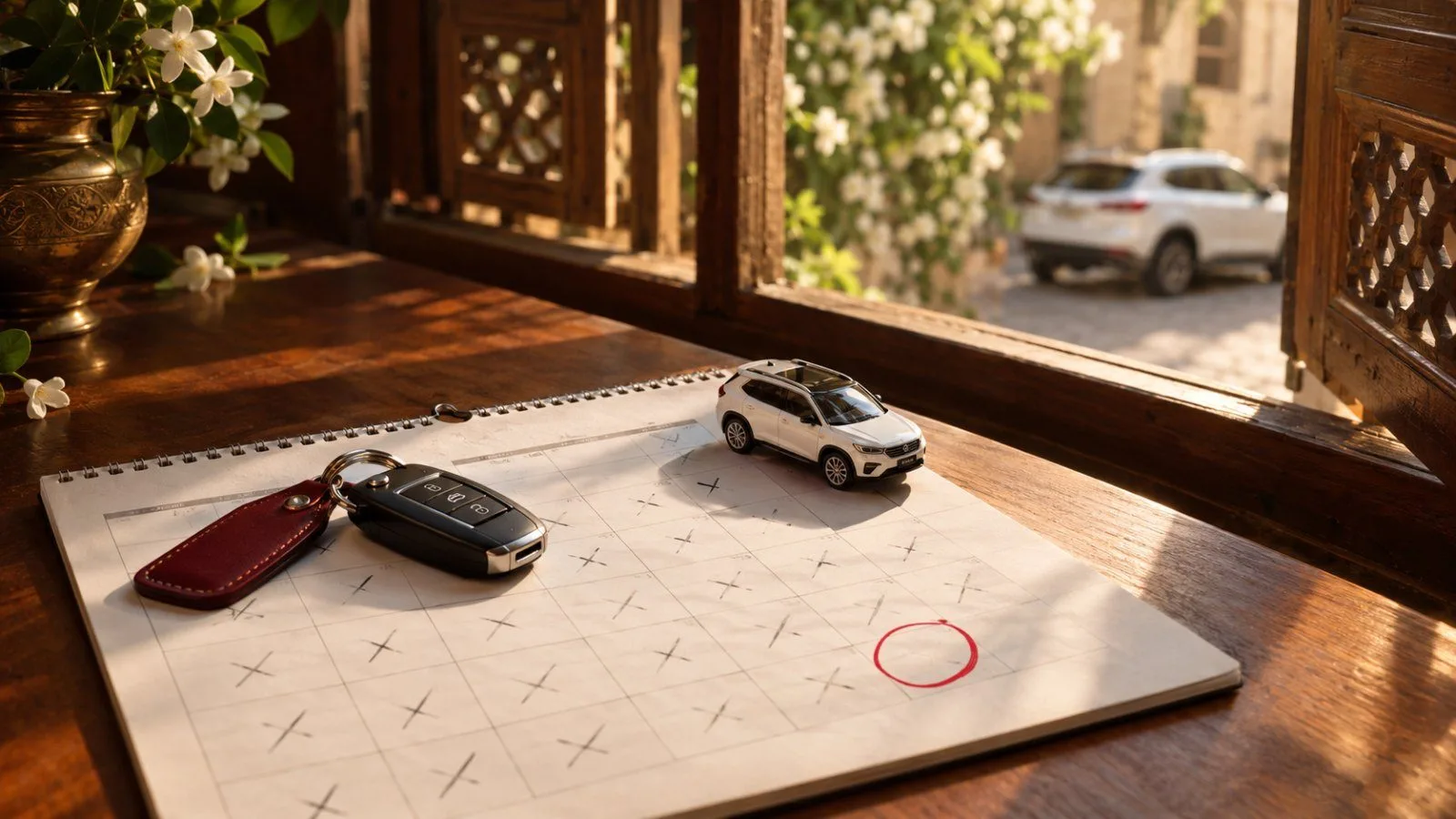 تقويم شهري عليه يوم مُحاط بدائرة حمراء مع مفاتيح سيارة ومجسّم SUV على مكتب في بيت دمشقي قديم