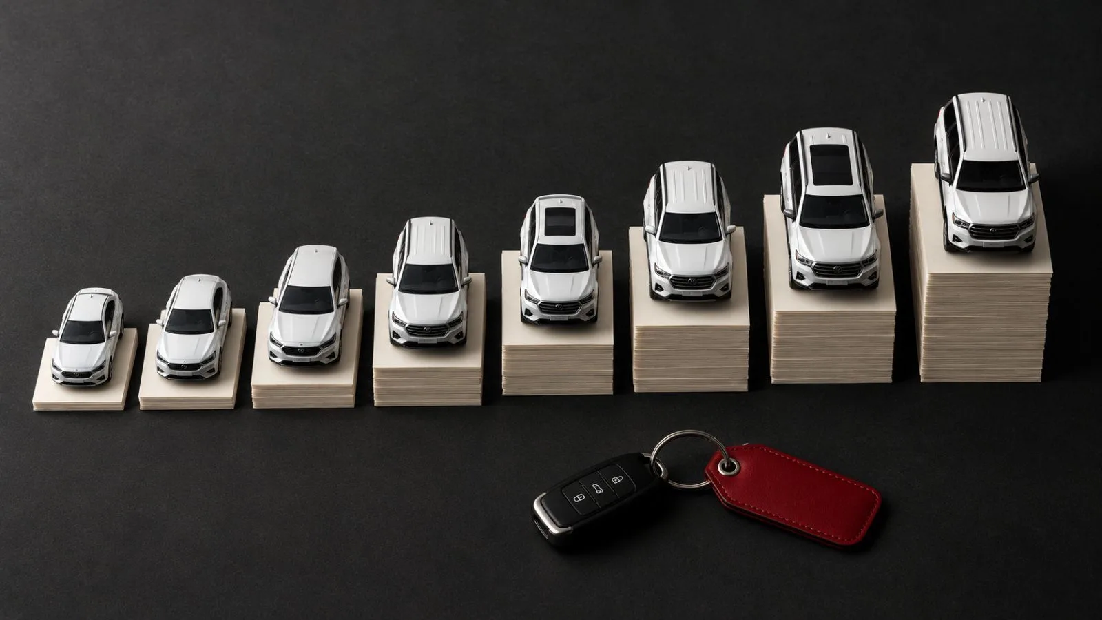 Eight white model cars from economy to full-size SUV standing on rising stacks of price cards, with a key on a red tag