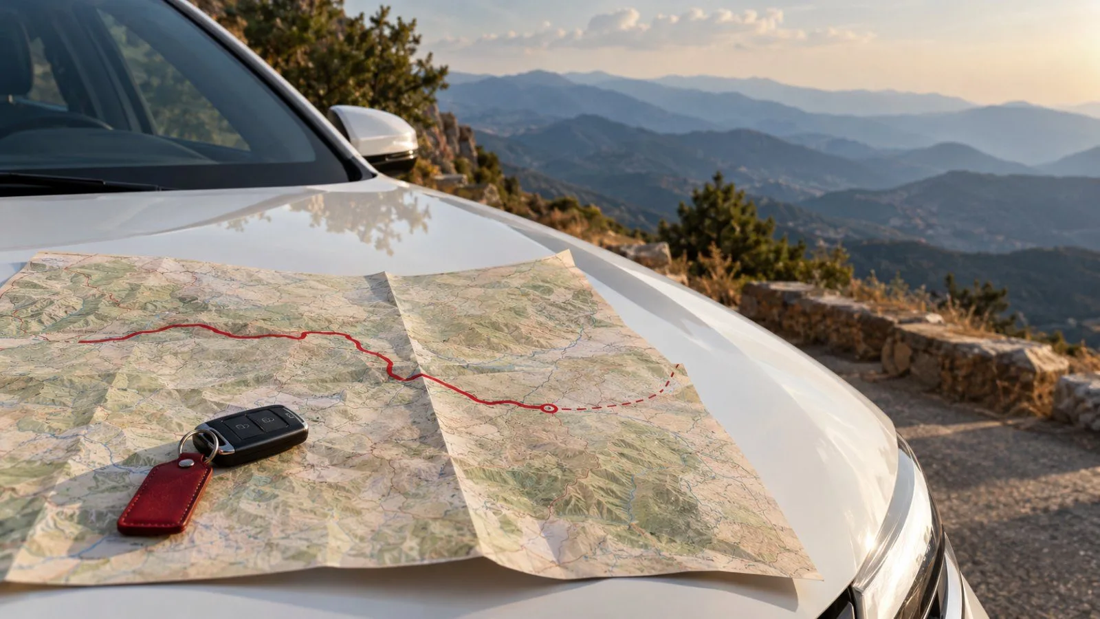 A paper map on the bonnet of a white rental car above mountain ridges, a red route stopping at a circle, with a key on a red tag